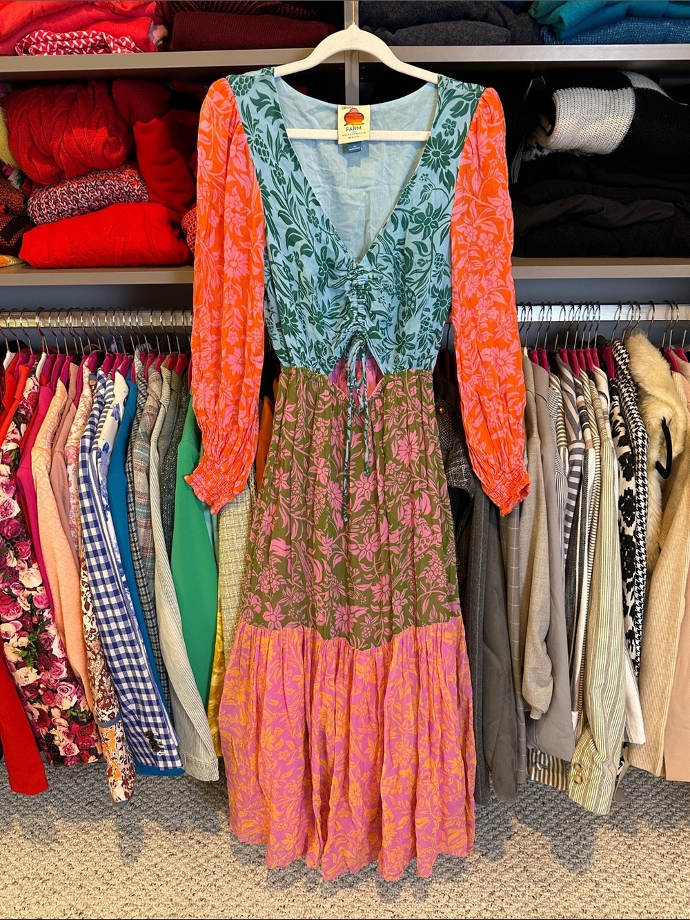FARM Rio Multicolor Floral long sleeve front cut out v neck midi dress size XS